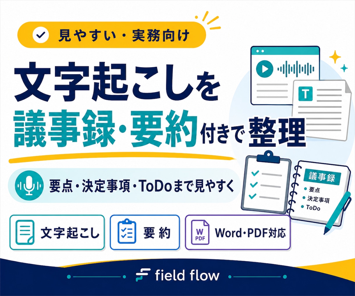 文字起こしを議事録・要約付きで整理しますます 要点・決定事項・ToDoまで見やすく整理 イメージ1