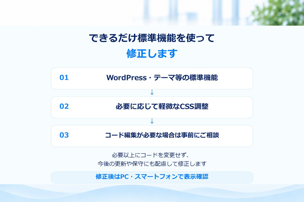 WordPressの修正・更新に対応します 文字・画像・レイアウトなど、ちょっとした変更をお任せください イメージ4