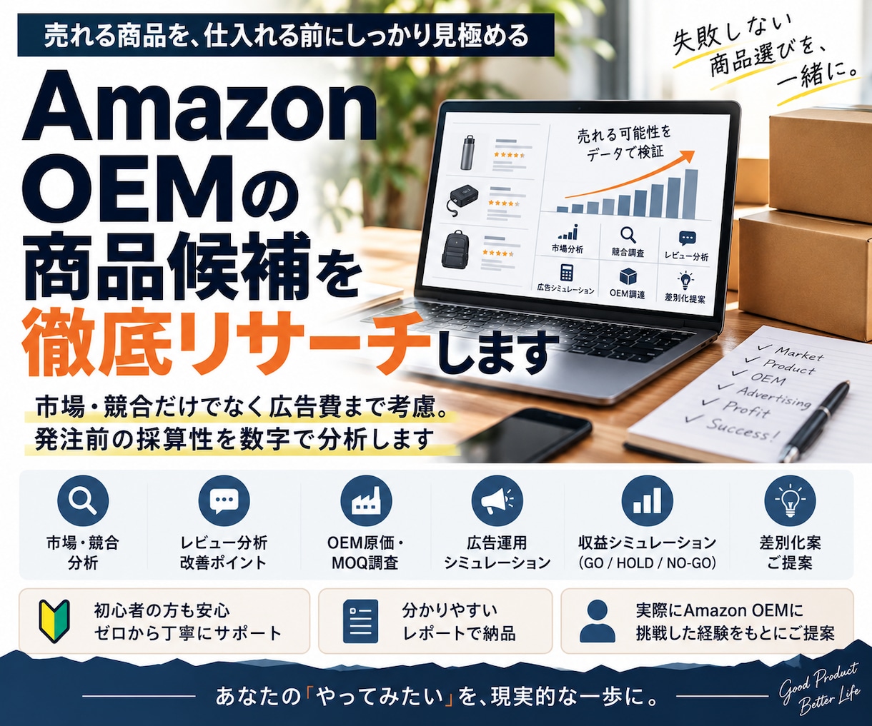 Amazon OEMの商品候補を徹底リサーチします 市場競合だけでなく広告費まで考慮。発注前の採算性を数字で分析 イメージ1