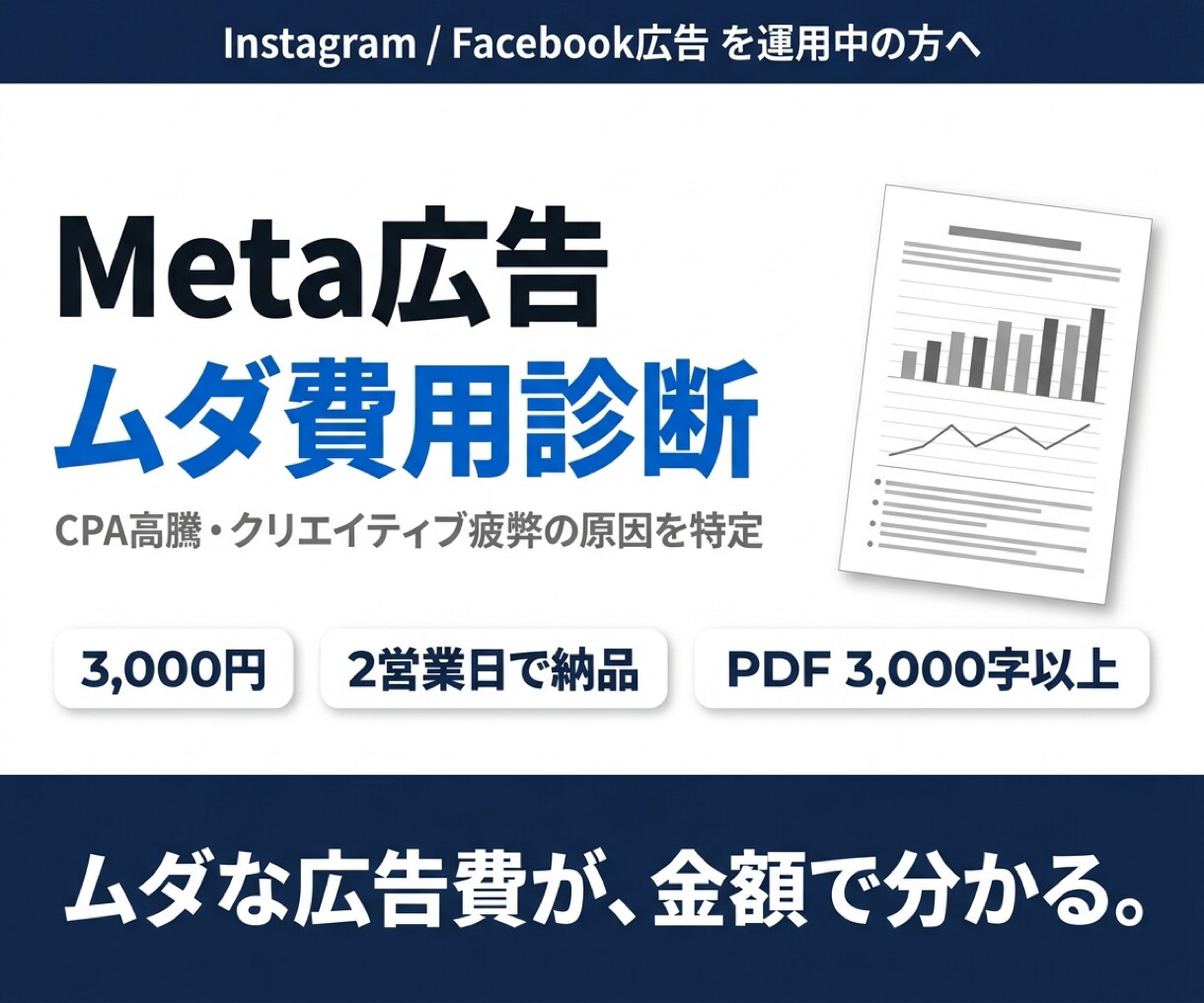 インスタ・Facebook広告を診断します CPA高騰・クリエイティブ疲弊の原因をデータで特定します イメージ1