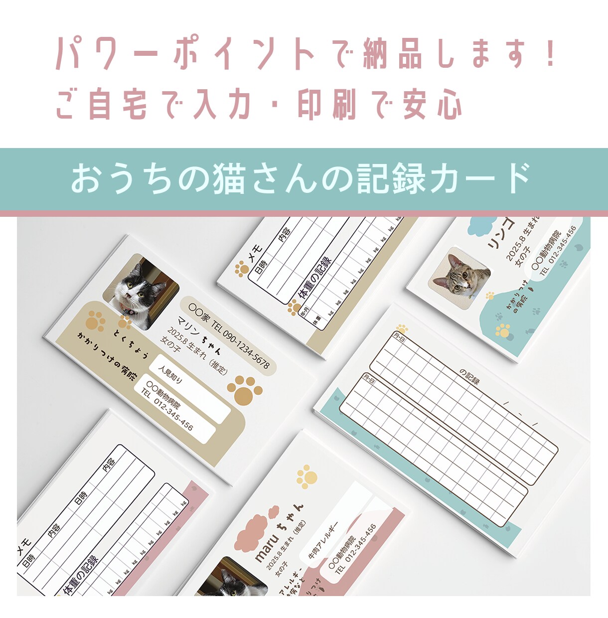 ネコさんの記録カード作成サポートをします 可愛い家族の成長記録や体調管理に使えるカードです。 イメージ1