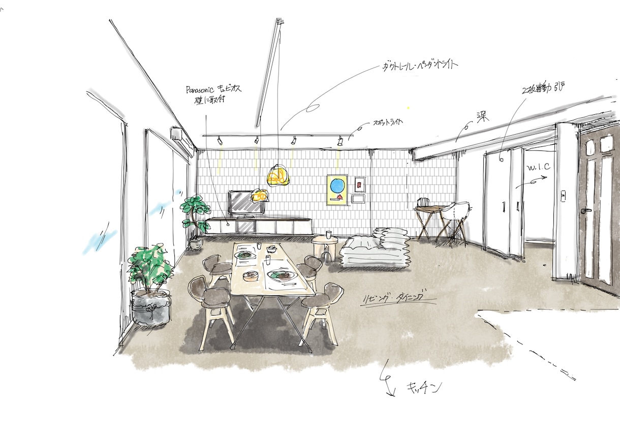 手描きの内観パースをイメージに合わせて作成致します 店舗・住宅の提案イメージや資料作成用の背景デザインに最適！ イメージ1