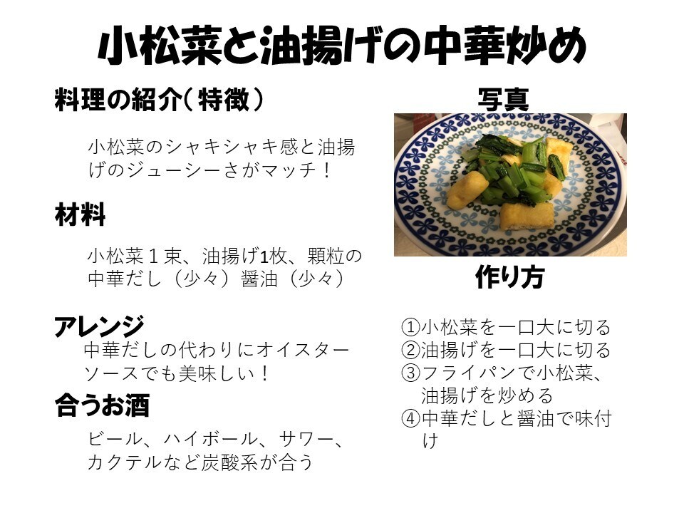 ご要望に合わせたおつまみ３品のレシピを提案します 手持ちの調理器具や重視するポイントを聴取しておつまみを提案 イメージ1