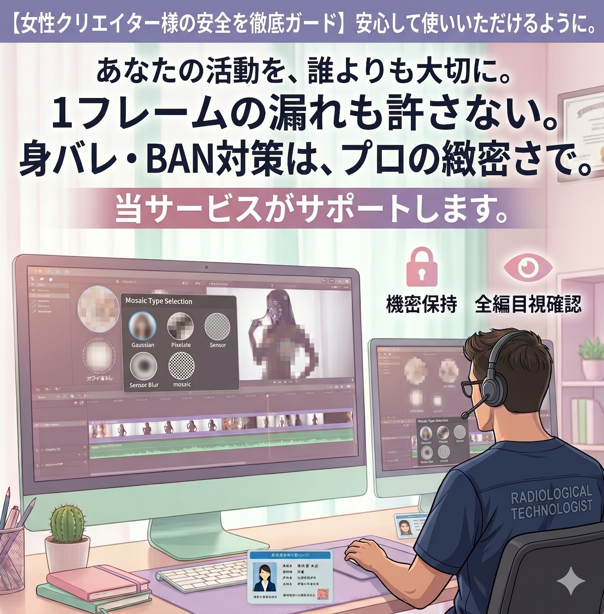 モザイク入れ＆特定防止チェックをプロが代行します 医療系編集の緻密さで反射・背景・音を徹底ガード。 イメージ1