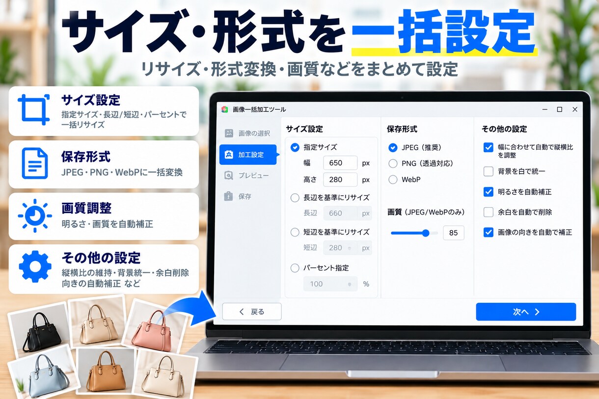 商品画像を一括加工できるツールを提供します リサイズ・形式変換・ファイル名変更をまとめて自動処理 イメージ2