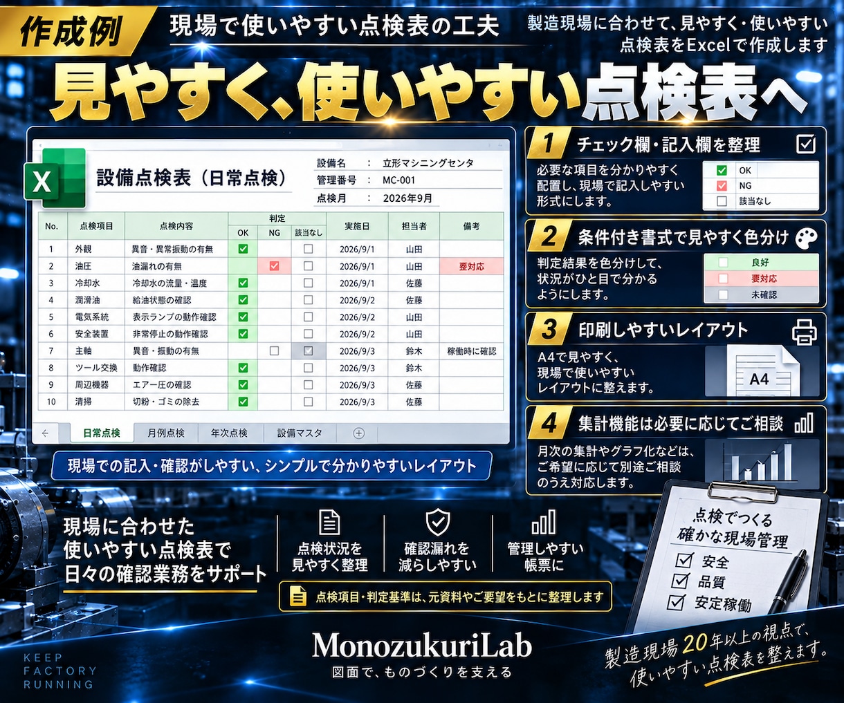 製造現場の点検表をExcelで作ります 製造現場20年以上｜記入・確認しやすい点検表に仕上げます イメージ4