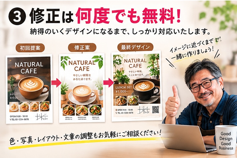 原案ありのチラシ・フライヤーのデータ作成します 原案はざっくりとしたメモでOK。入稿先データに合わせます。 イメージ3