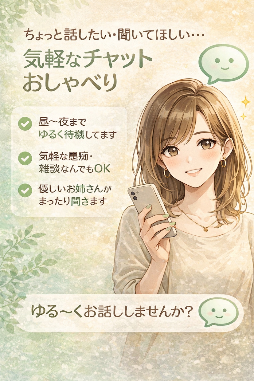チャットのみ愚痴や雑談聞きます 通話なし・チャットのみ何でもOK。気軽にどうぞ☺️ イメージ1