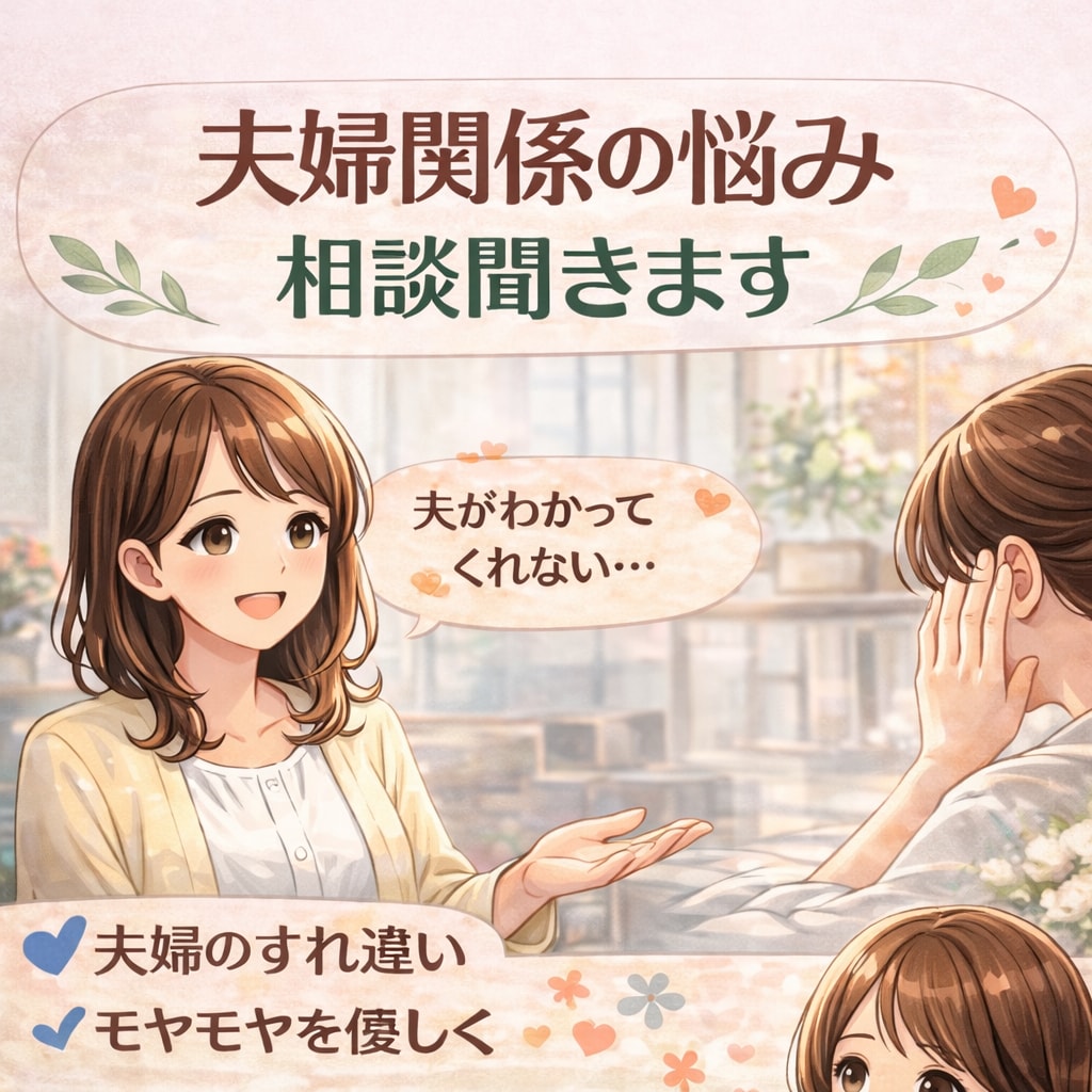 夫婦関係の悩み相談モヤモヤ聞きます 「夫がわかってくれない」女性目線で夫婦のすれ違い整理します イメージ1