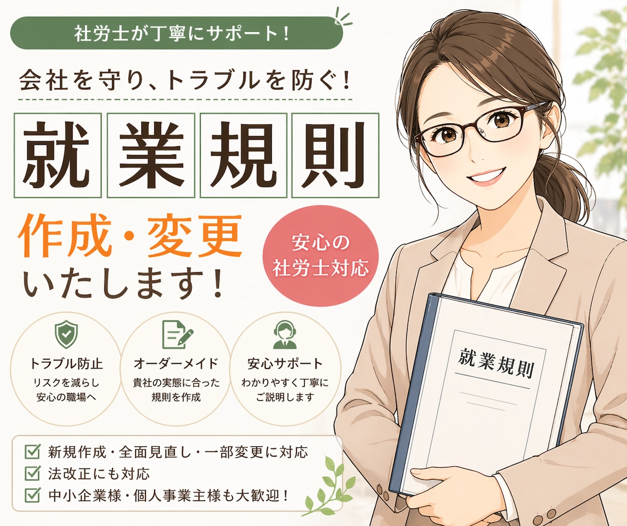 就業規則を作成・改訂します 労務トラブルを防ぐ就業規則を、実務視点で整備します イメージ1