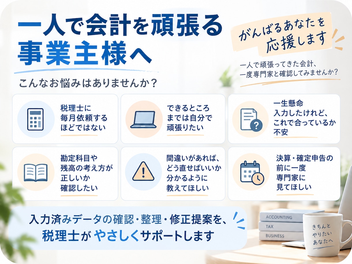 税理士が入力済みの会計データをチェックします 仕訳・勘定科目・残高を確認し修正方法までご案内 イメージ2
