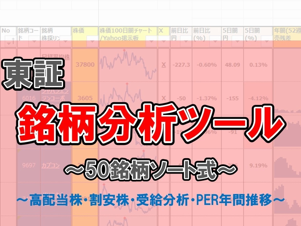 希望の株式50銘柄の分析シートを作成します 東証P/ST/Gが対象です。Excelにてソート可能。 イメージ1