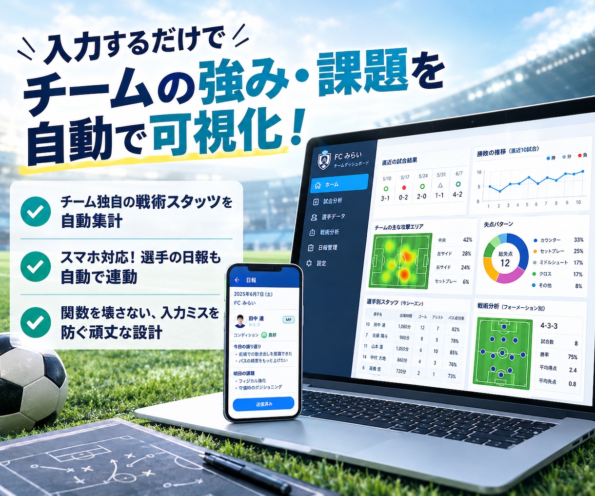 プロ視点！サッカー専用スタッツ管理表作成します 指導者の事務を激減！試合・練習のデータを次の勝利に繋げます イメージ2