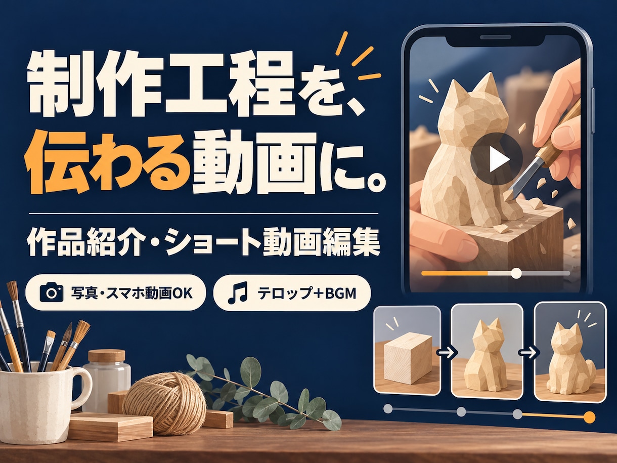 作品紹介・制作工程のショート動画を編集します 写真とスマホ動画から、作品の魅力が伝わる一本に イメージ1