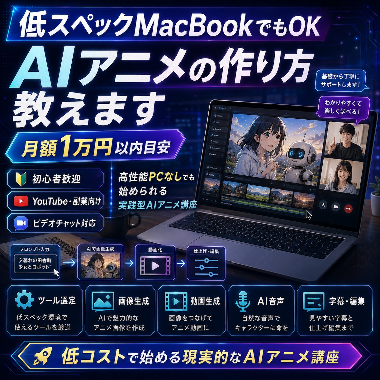 低スペックPCでOK AIアニメ動画作成法教えます 月額1万円以内を目安に企画・動画・音声・編集まで実践 イメージ1