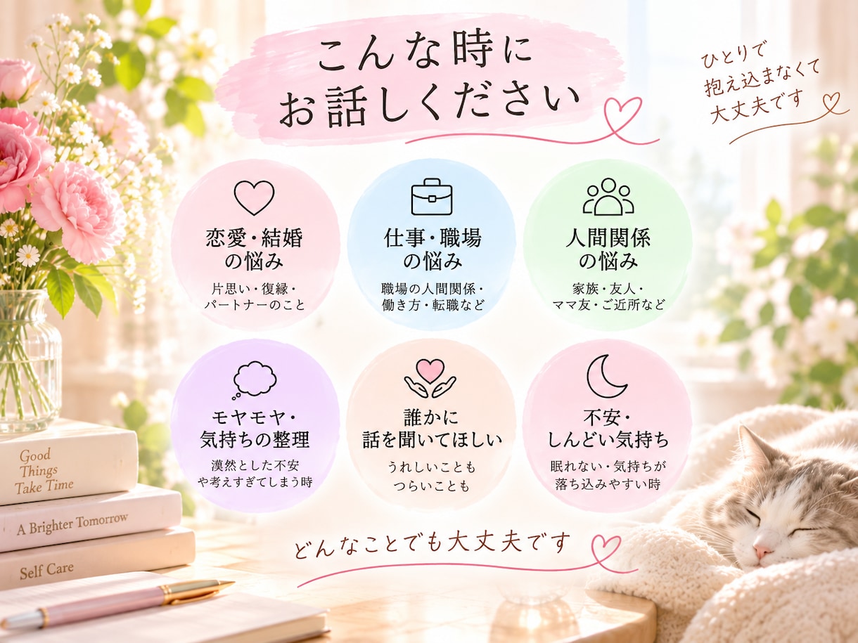 看護師があなたのお悩みを優しくお聴きします 恋愛・仕事・人間関係など、ひとりで抱えずお話しください イメージ2