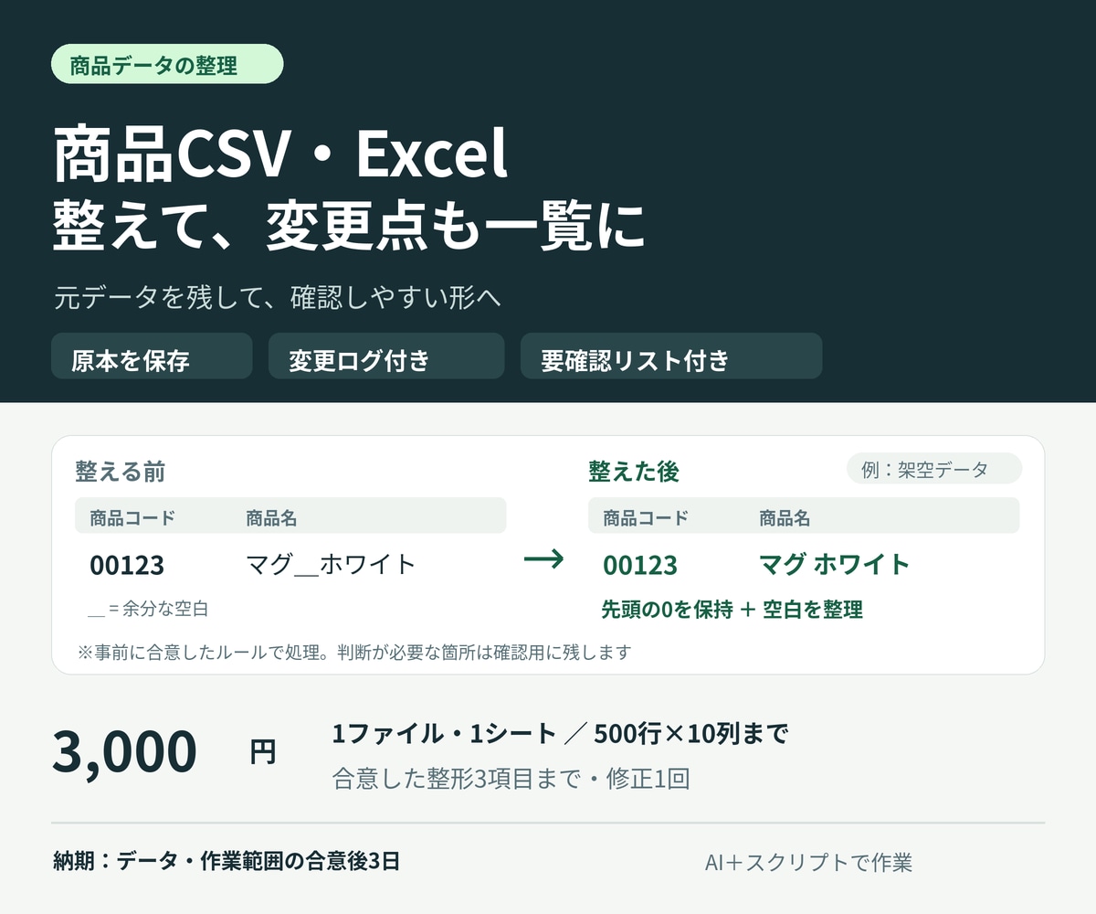 商品CSVとExcelを整え変更点を一覧にします 原本を残して整形 変更履歴と要確認一覧付き イメージ1