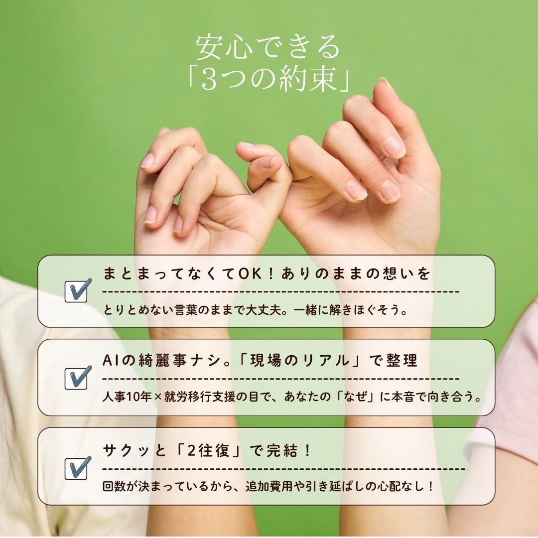 働きづらさ・キャリアのお悩み、2往復で整理します 【人事採用10年×就労支援】働きづらさの「なぜ」を一緒に整理 イメージ4