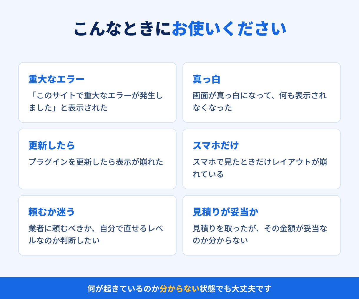 WordPressの不具合の原因を調べます サイトURLと症状だけでOK｜原因と直し方を当日中にご報告 イメージ2