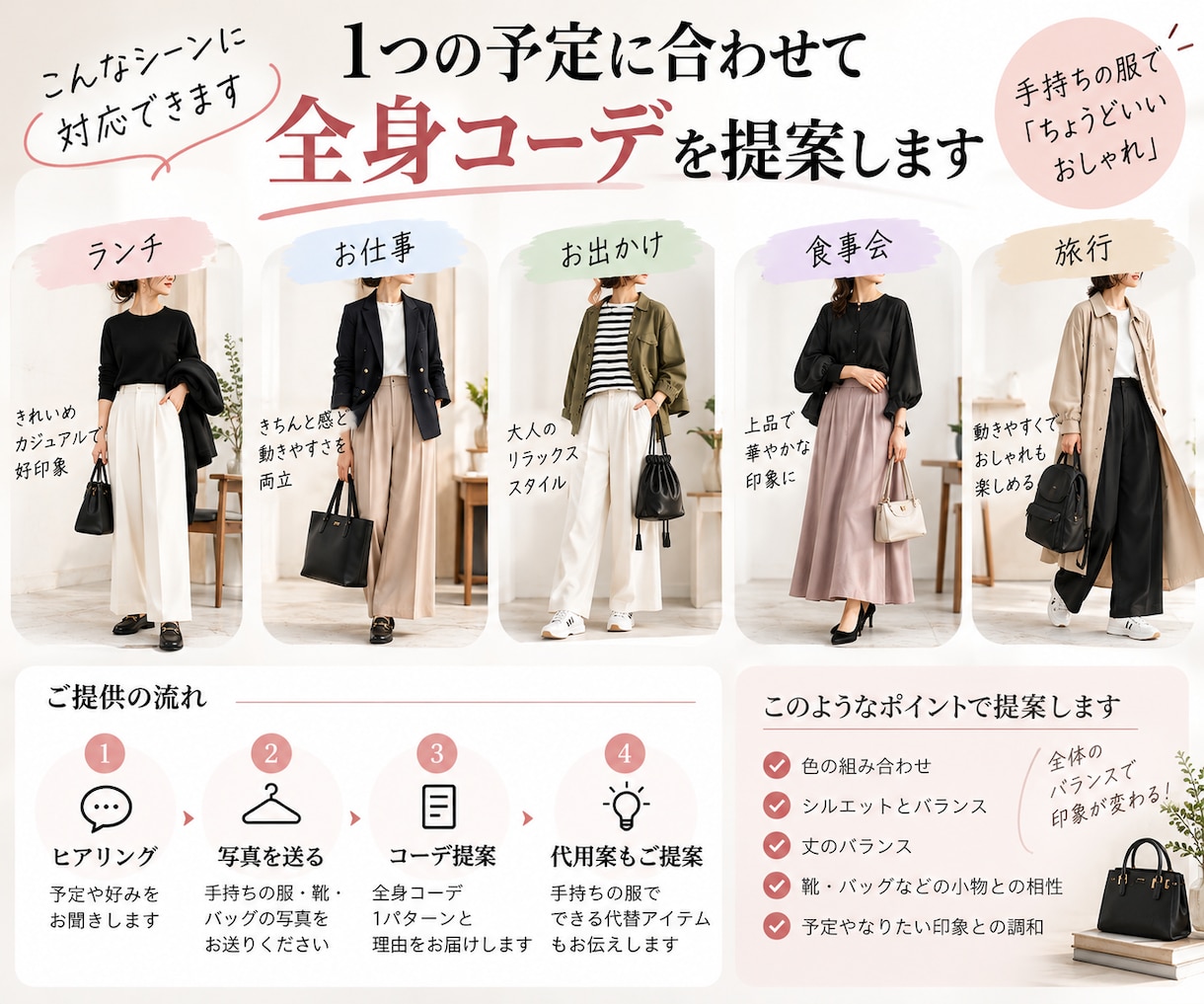 予定に合う全身コーデを提案します 手持ちの服を活かして全身の合わせ方を提案 イメージ2