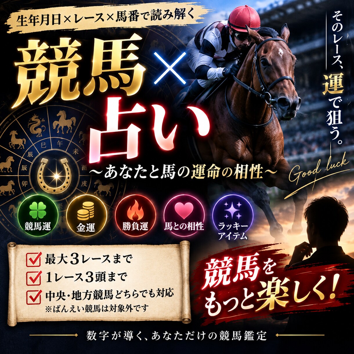 あなたとあなたの本命馬の相性を占います 独自のコードを使用し、本命馬の競走馬運命指数を占います イメージ1
