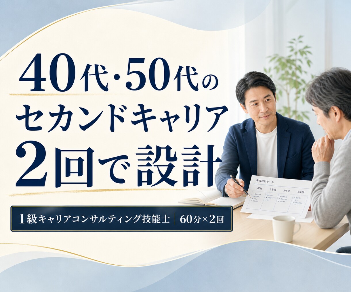 40代・50代のセカンドキャリアを設計します 60分×2回で価値観・強み・次の一歩まで具体化 イメージ1