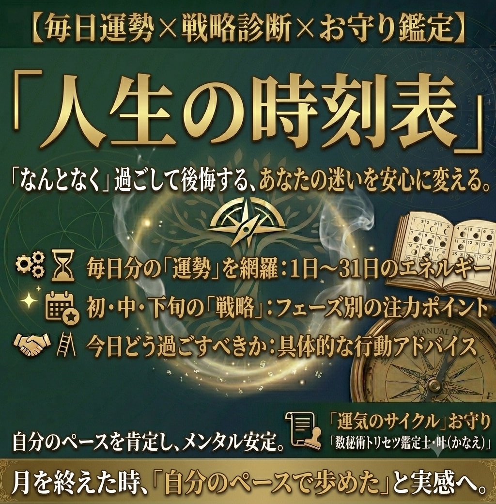 数秘術で綴るあなただけの30日を鑑定します 頑張りすぎない「休む・攻める」の判断に【1ヶ月の時刻表】 イメージ1