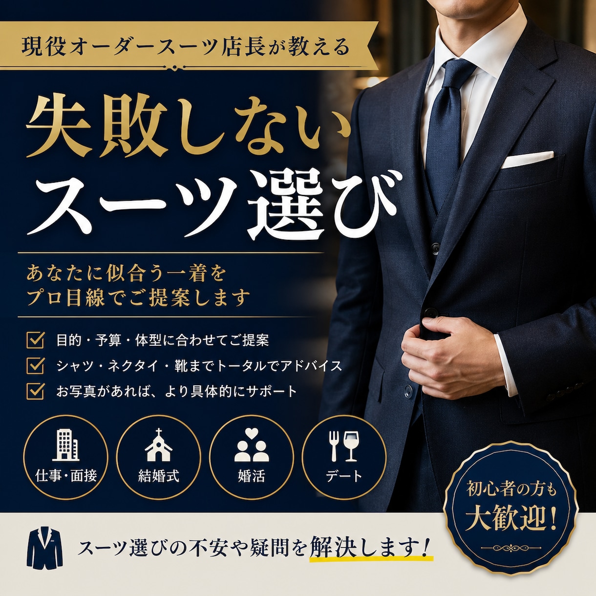 現役スーツ店長がスーツ選びをお手伝いします 仕事・結婚式・デートまでプロ目線でご提案します!! イメージ1