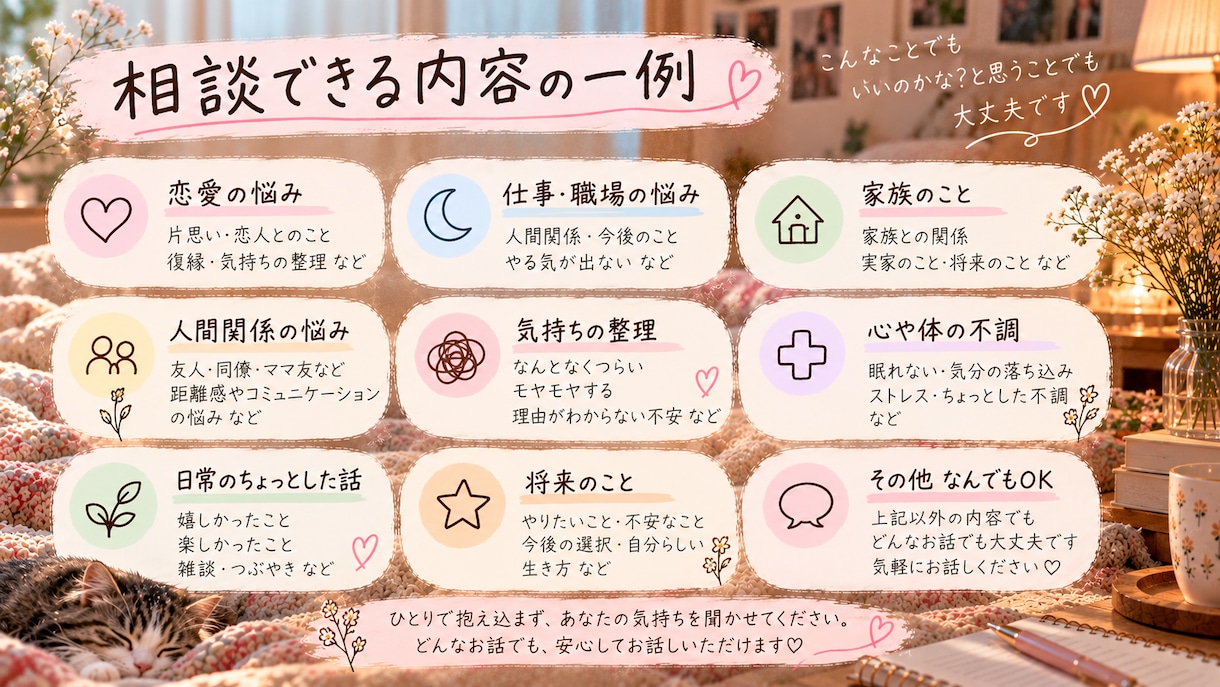 誰にも話せない本音を安心して話せる場所を作ります 否定せず、あなたの本音に優しく寄り添います イメージ2