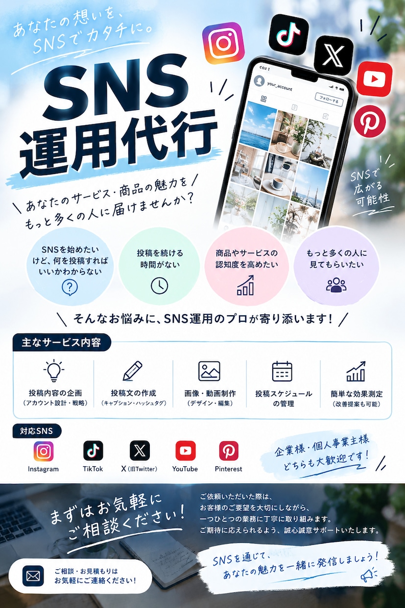 ニーズに合わせてアカウントの運用をいたします お客様のニーズに応じてSNSの運用代行を行います。 イメージ1
