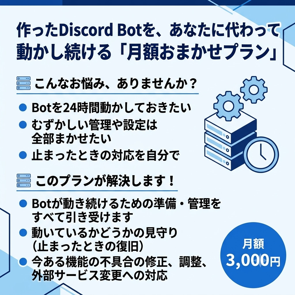 Discord Botを月額で運用・管理します 難しい管理はぜんぶおまかせ！Botを動き続ける状態で守ります イメージ1