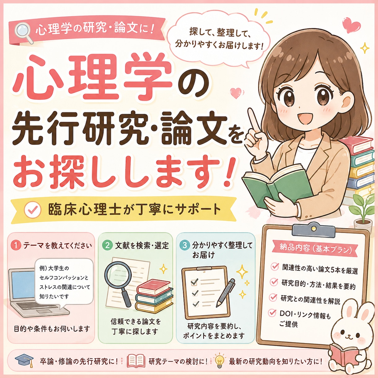 心理学の先行研究・学術論文をお探しします このテーマの論文が見つからないを臨床心理士がお手伝いします イメージ1
