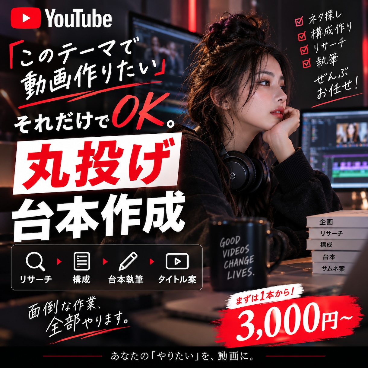 リサーチ込みでYouTube台本を作成します テーマだけでもOK！構成から台本までお任せ イメージ1
