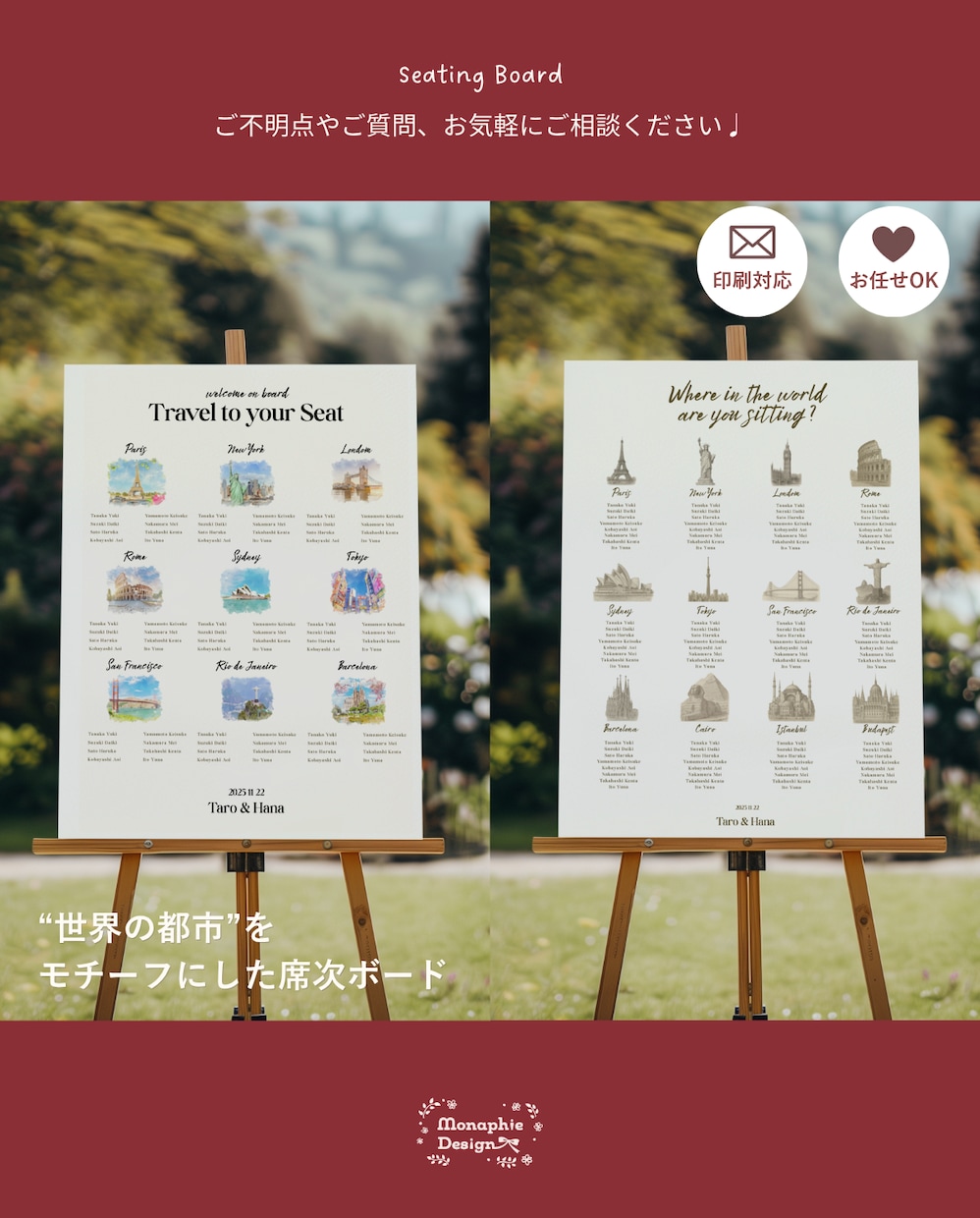 世界を旅する✈︎結婚式【席次表】ボードを作成します 水彩orスケッチ付き◎ゲストを旅に誘う、特別な演出の席次表 イメージ1