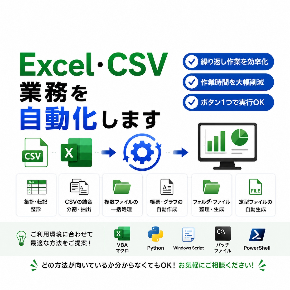 Excel・CSVの定型作業を自動化します VBA・Pythonなど最適な方法で手作業を削減します イメージ1