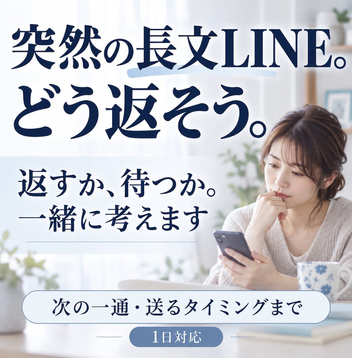突然の長文LINE、返すか待つか一緒に考えます 感情のまま返す前に、次の一通とタイミングを考えます イメージ1