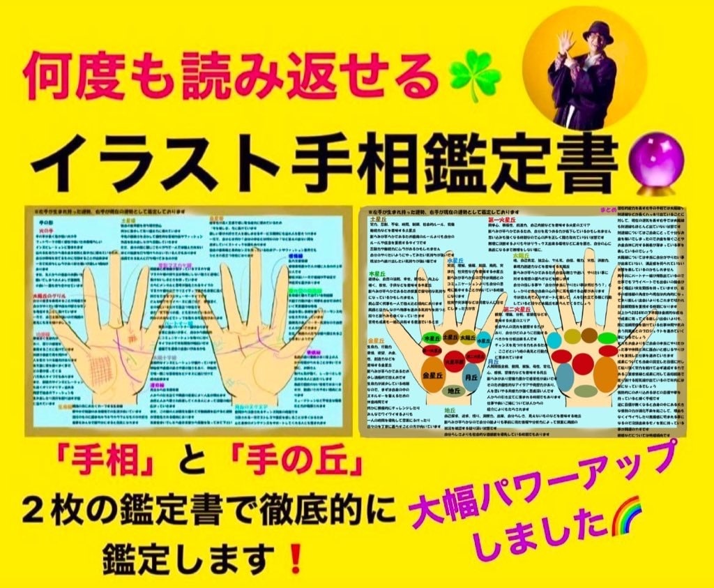 手相と手の丘のイラスト手相鑑定書２枚で占います ☆一目で分かる☆適性、才能、仕事、恋愛を徹底鑑定！