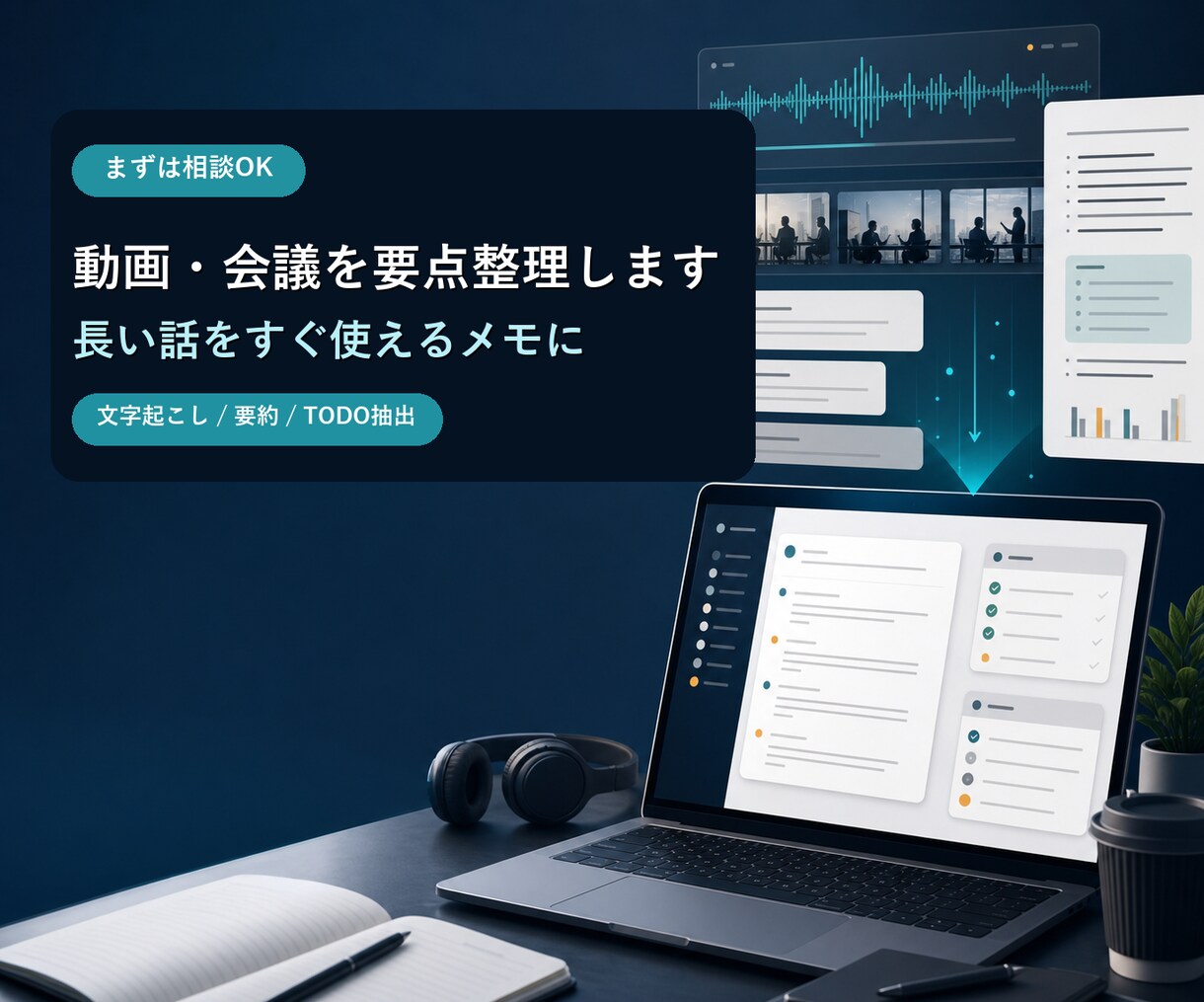 会議・動画・音声を文字起こしして要点整理します 長い話をすぐ使えるメモに変換します イメージ1