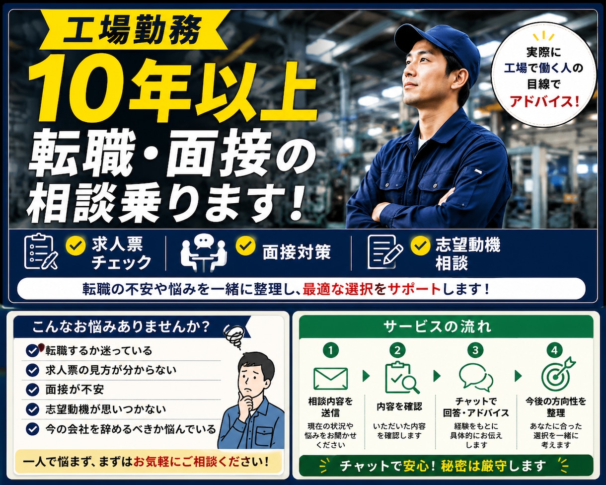 工場勤務10年以上｜転職するべきか一緒に考えます 求人票だけでは分からない不安を一緒に考えます イメージ1