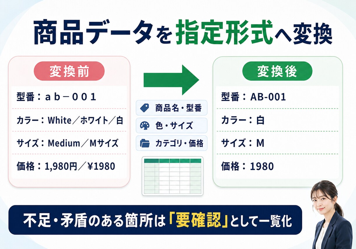EC商品データを登録用CSVに整えます 商品名・型番・色・サイズを統一し指定テンプレートへ変換します イメージ2