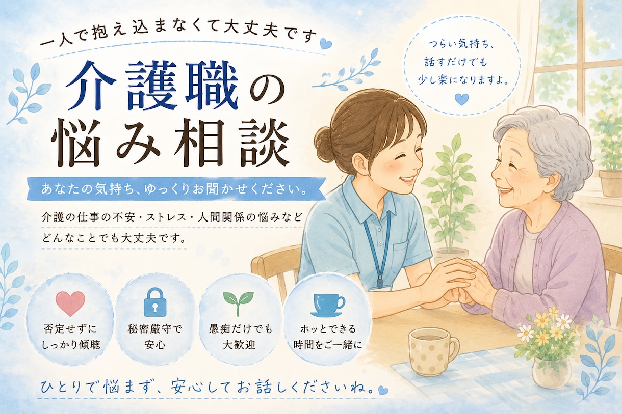 職場の人間関係や仕事の取り組み方の悩みお聞きします 職場のストレスで辛い方、特に介護士さんの方お待ちしています。 イメージ3