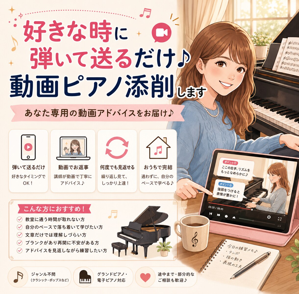 好きな時に弾いて送るだけ♩動画ピアノ添削します あなた専用の動画アドバイスをお届けします！ イメージ1