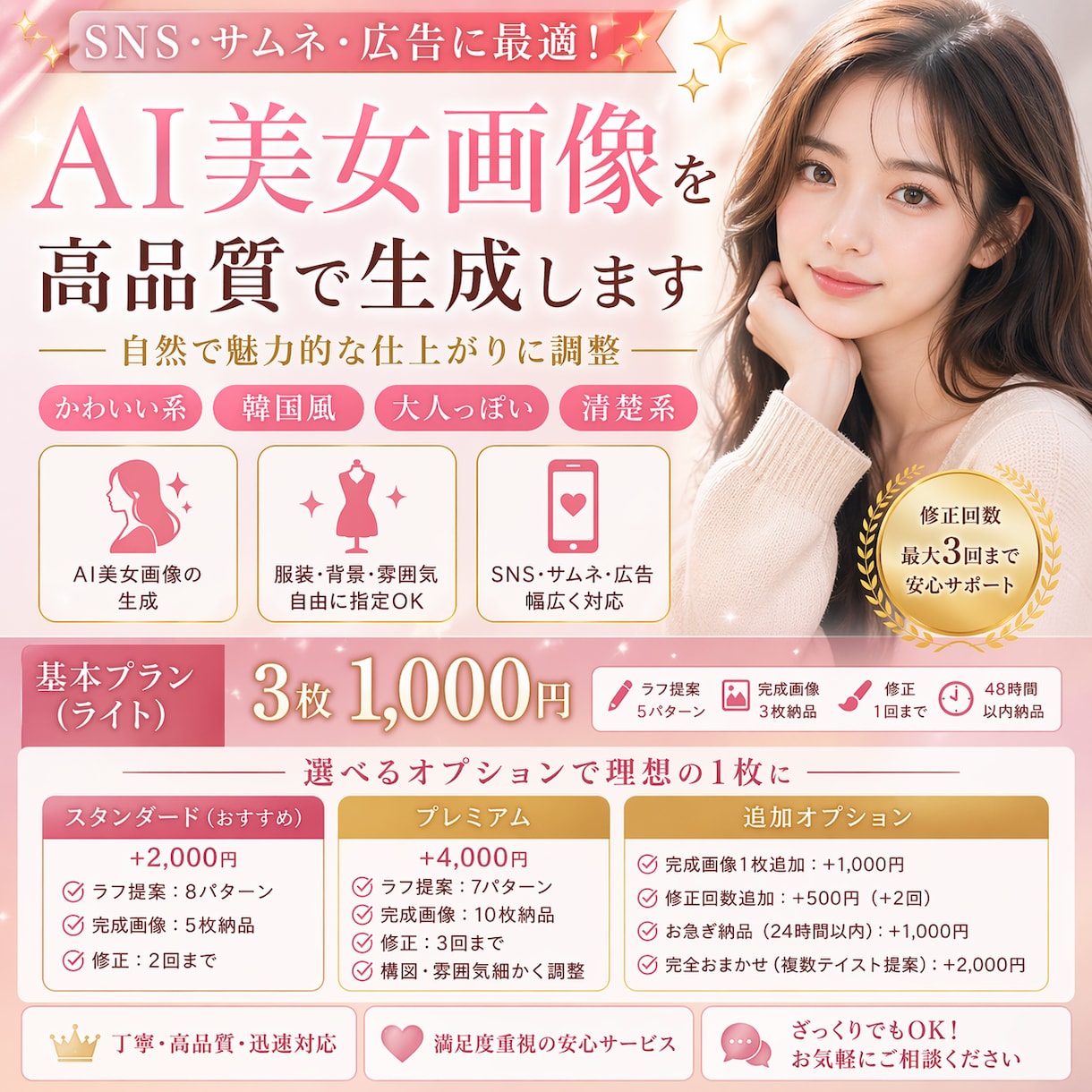 AI美女画像を高品質で生成します 商用OK／複数提案から選べる／韓国風・リアル系対応 イメージ1