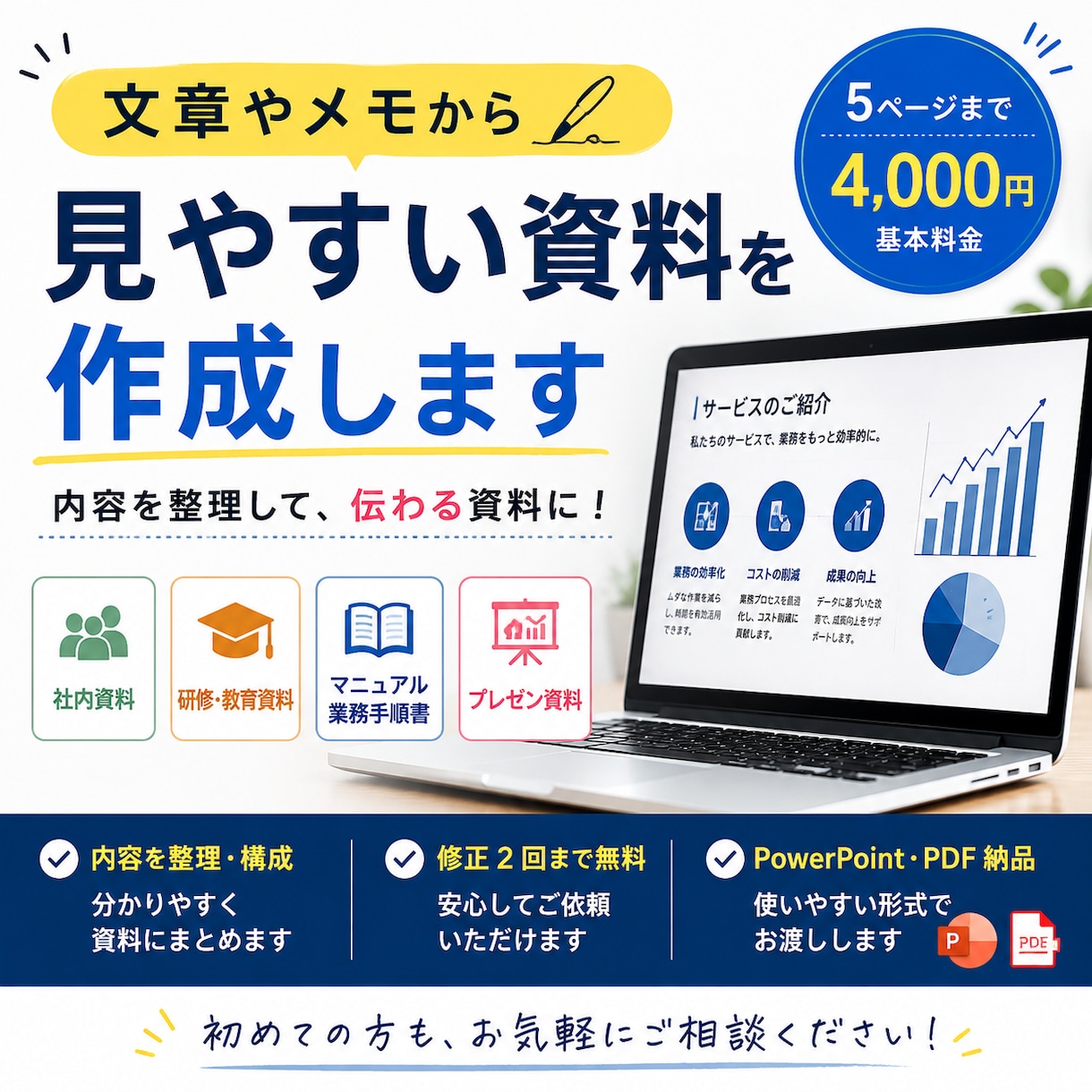 文章やメモから見やすい資料を作成します 社内・研修資料等を分かりやすく仕上げます イメージ1