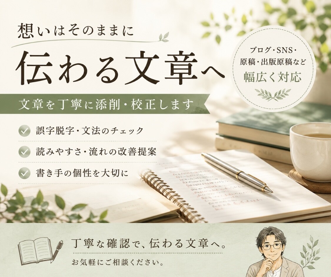 文章を丁寧に添削し読みやすく整えます 書き手の個性を残しながら添削します イメージ1
