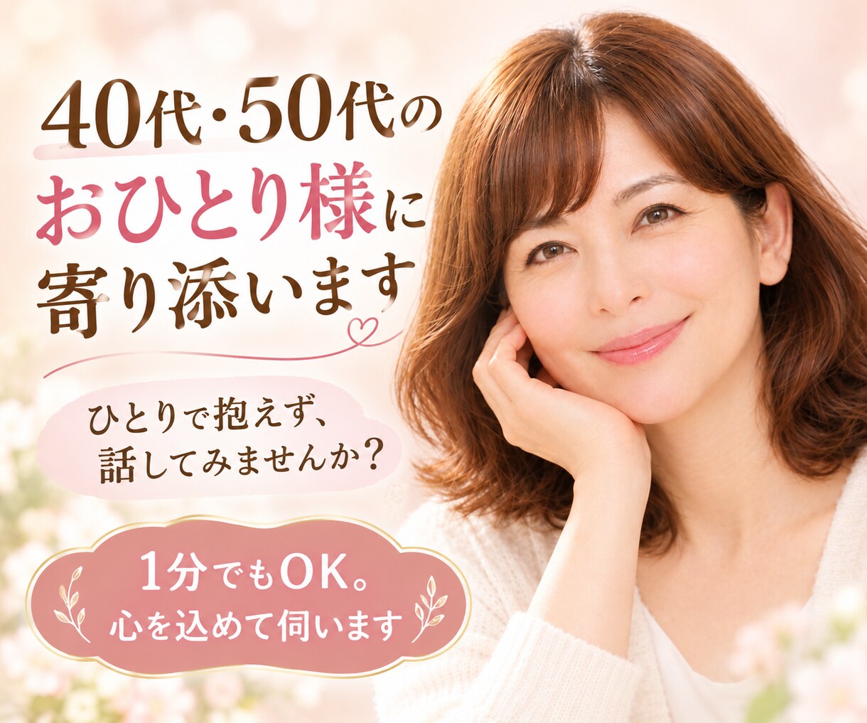 40代・50代のおひとり様の悩みに寄り添います 親の介護・老後・仕事の悩み、話してみませんか？ イメージ1