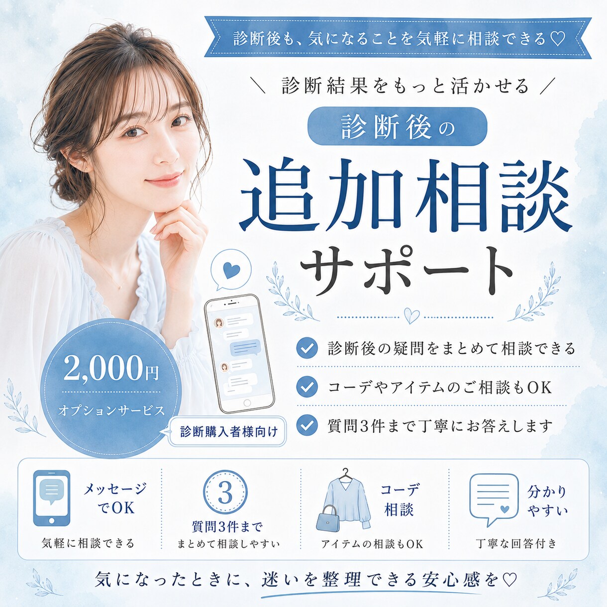 診断後の疑問に丁寧にお答えします 診断後の疑問や迷いに文章でお答えする追加相談サービス イメージ1