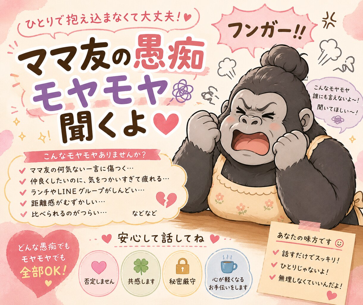 ママ友の愚痴、モヤモヤ聞きます ママ友って友達ちゃうよな、腹立つよな イメージ1