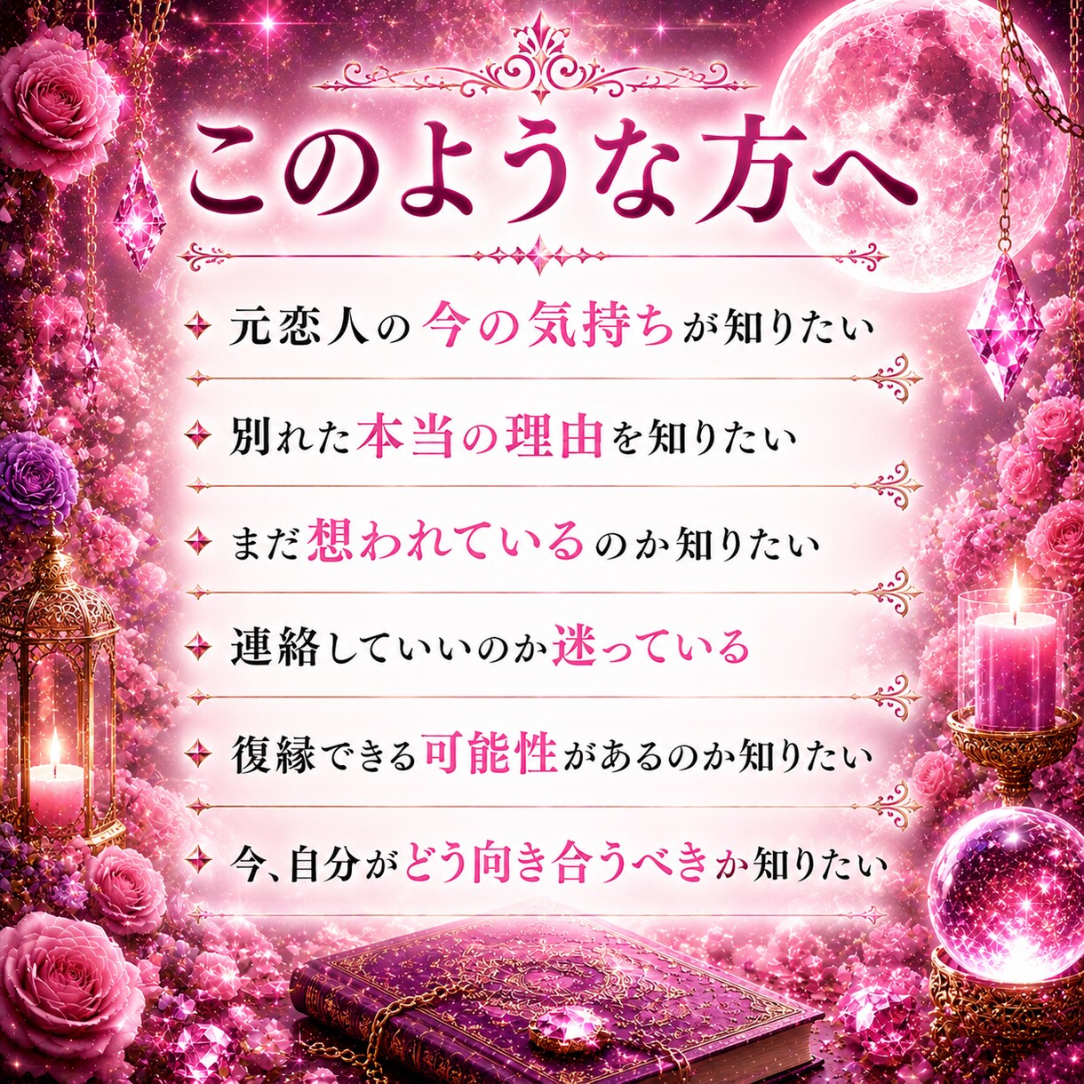 なぜ離れたのか。復縁の可能性を月影霊視で視ます 復縁の可能性と相手の本音を視ます。 イメージ5