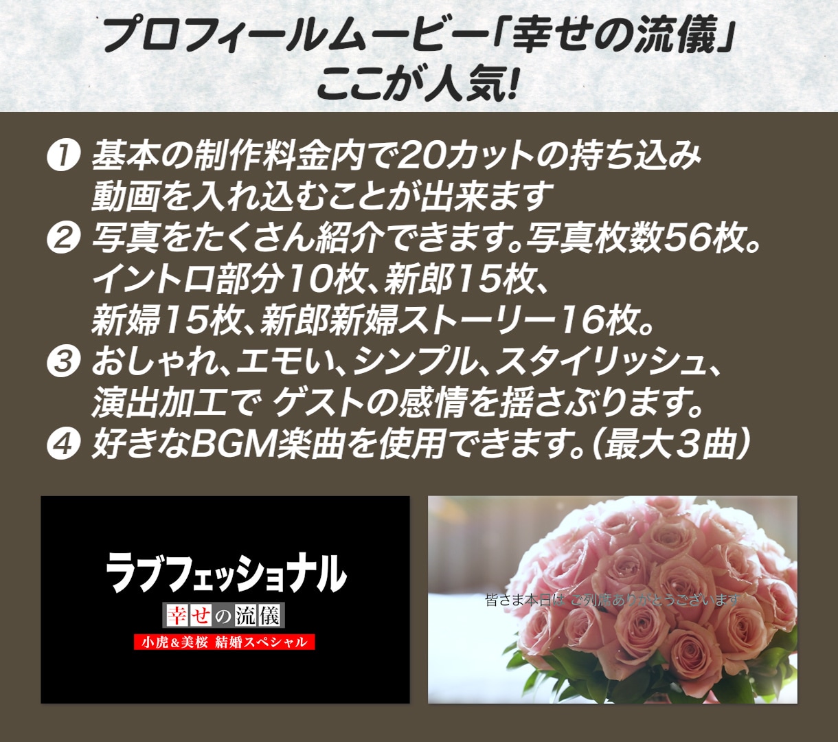 ドキュメンタリー番組のような結婚式ムービー作ります 基本料金内で20カットの持ち込み動画を入れることができます イメージ8